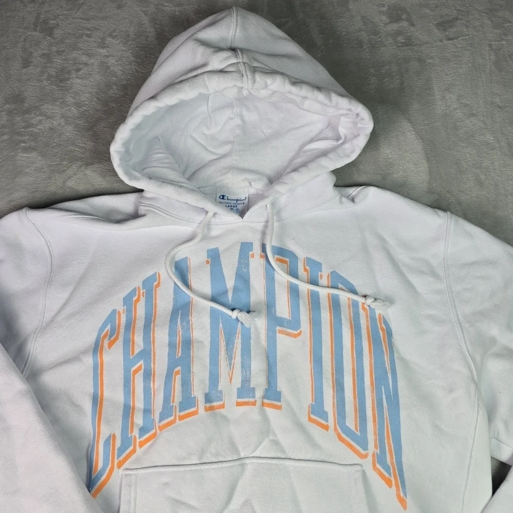 Champion Reverse Weave Men's Lg Hoodie Pullover Arch Spell-Out Logo White
